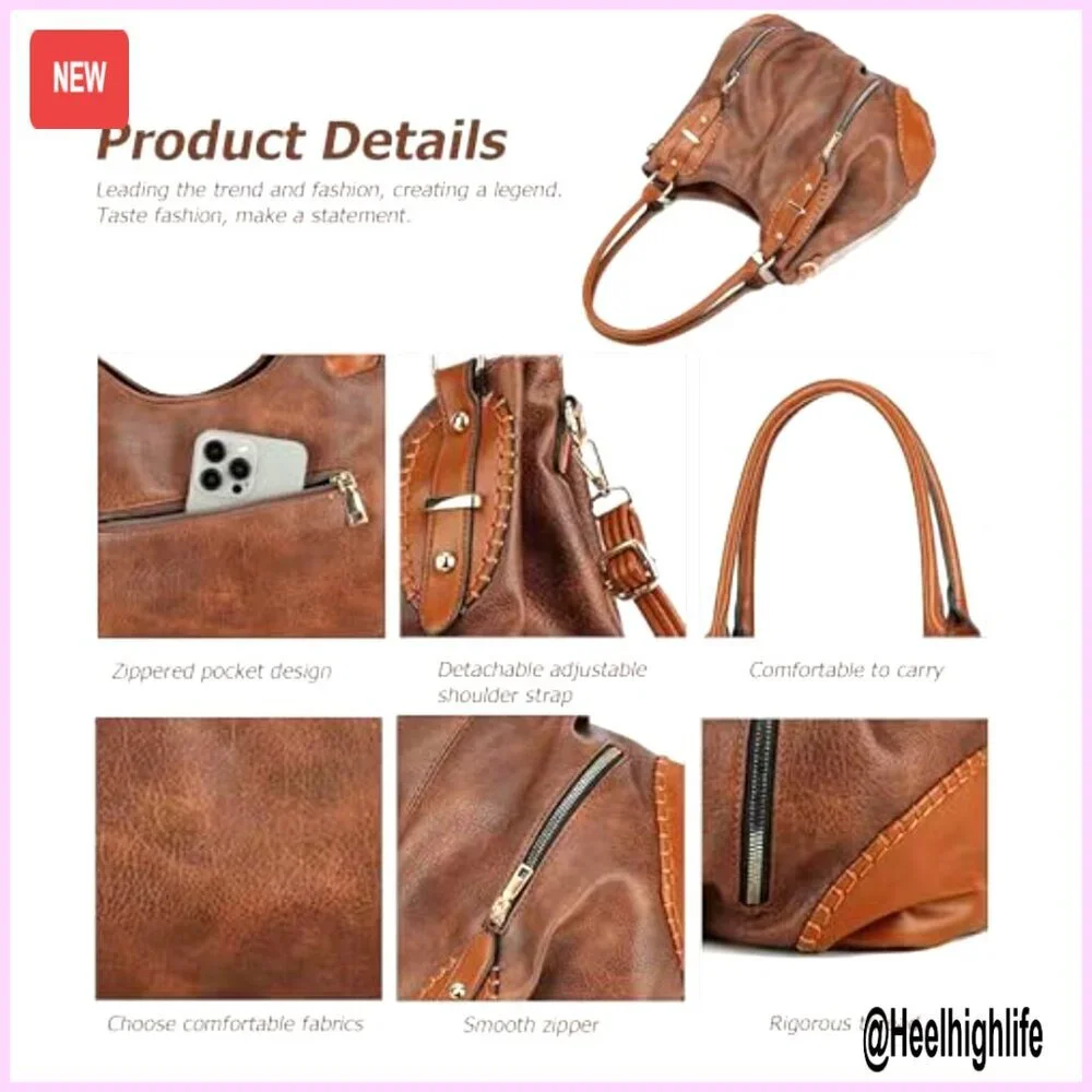 Vintage PU Leather Hobo Shoulder Bag Tote with Adjustable Strap